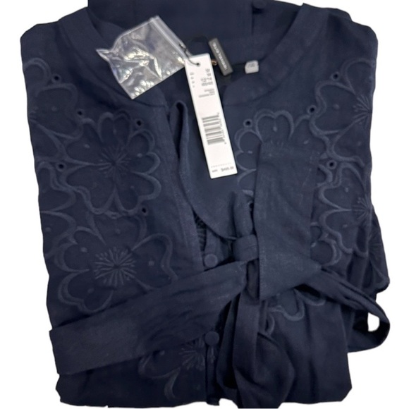 ELIE TAHARI Linen Blend Cap Sleeve Eyelet Trim Navy Blue Knee Length Dress - Picture 12 of 12